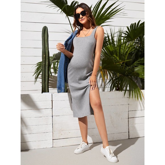 Maternity Split Thigh Rib knit Dress pink - Picture 8 of 10